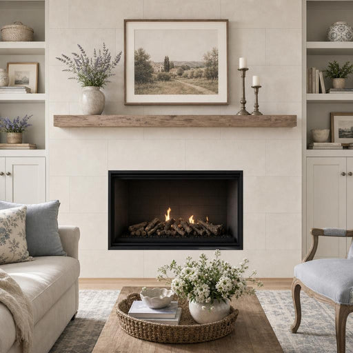 Porto Beige 18x36 Honed Natural Limestone Tile — Living Room fireplace surround