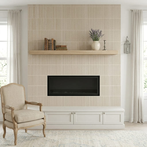 Porto Beige Bamboo 12x24 Limestone Tile — Living Room fireplace surround