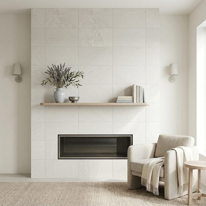 Porto Beige Limestone Tile 16x24 Honed — Living Room fireplace surround