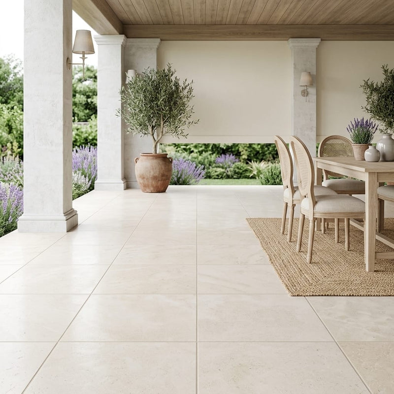 Porto Beige Limestone Tile 18x18 Honed — Covered Patio floor