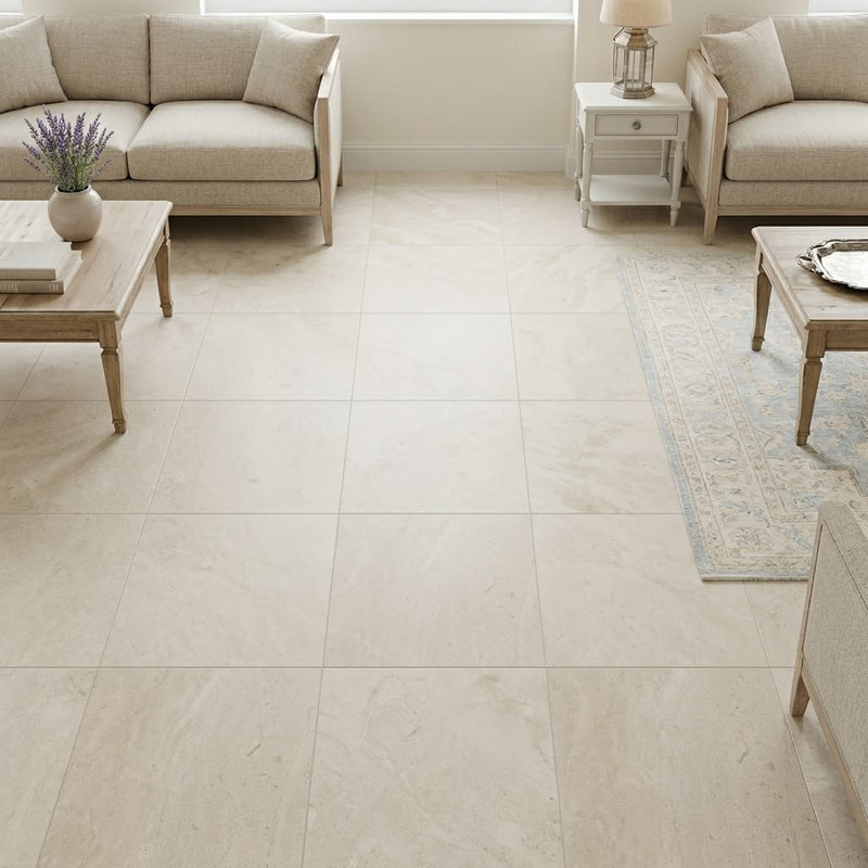 Porto Beige Limestone Tile 18x18 Honed — Family Room floor