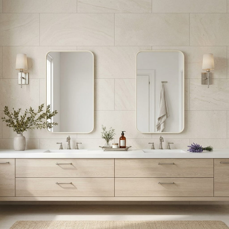 Porto Beige Limestone Tile 18x36 Brushed — Bathroom vanity wall