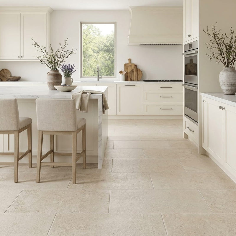 Porto Beige Limestone Tile 18x36 Brushed — Kitchen floor