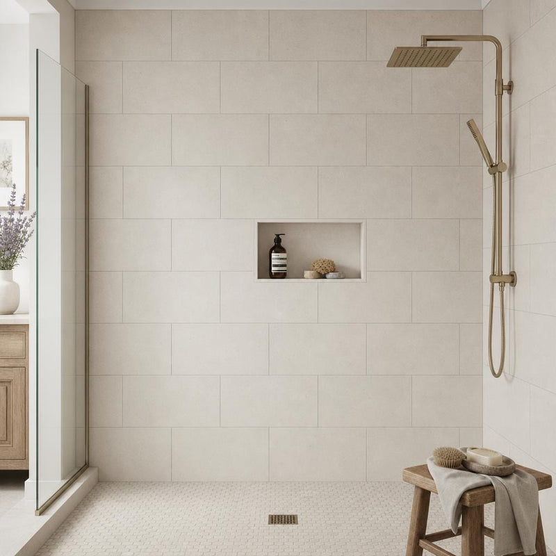 Porto Beige (Semi Rijo) 12x24 Honed Limestone Tile — Bathroom shower wall