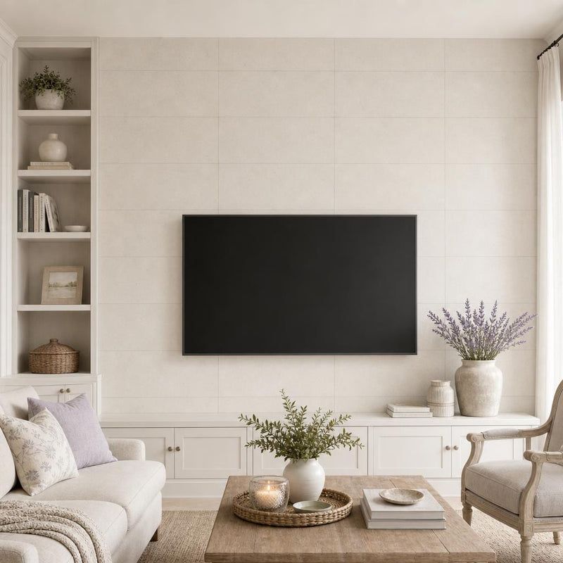 Porto Beige (Semi Rijo) 12x24 Honed Limestone Tile — Living Room feature wall