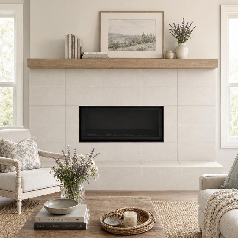 Porto Beige (Semi Rijo) 12x24 Honed Limestone Tile — Living Room fireplace surround
