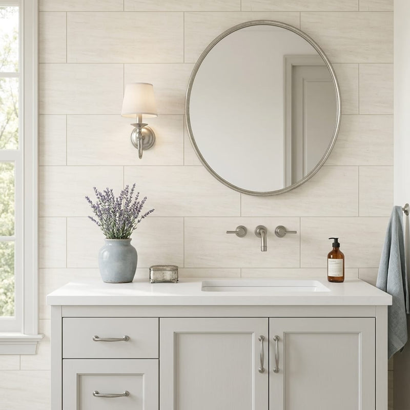 Porto Rosal Limestone Tile 12x24 Honed — Bathroom vanity wall