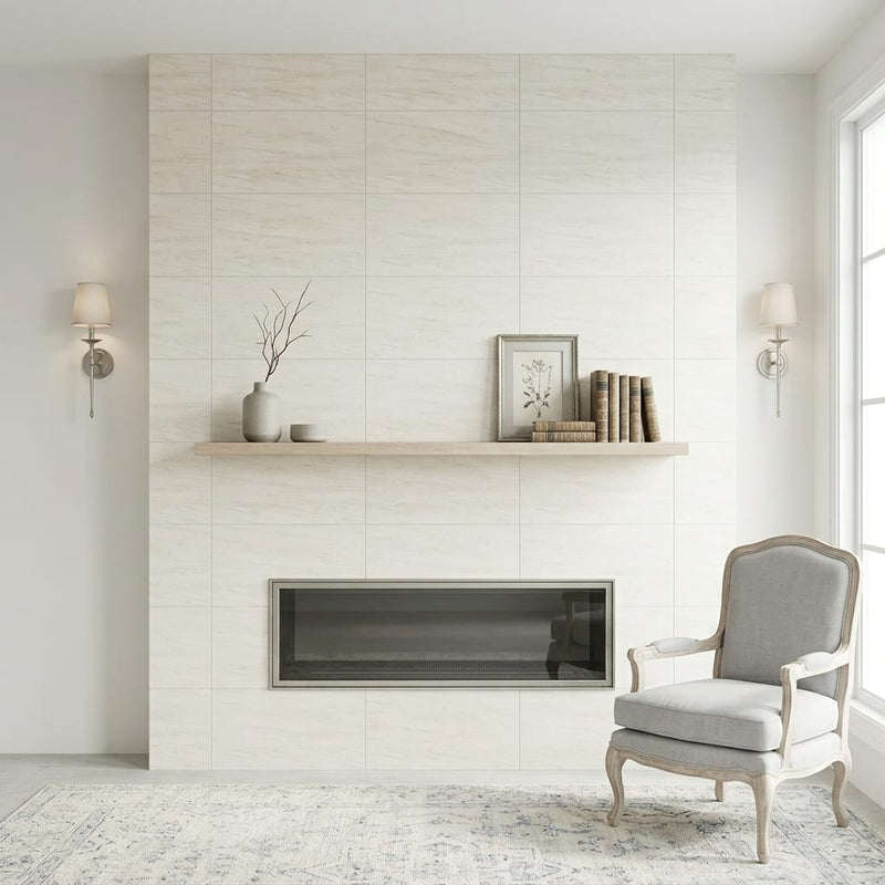 Porto Rosal Limestone Tile 16x24 Honed — Living Room fireplace surround