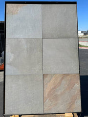 Close-up of Natural Pennsylvania Full Range Porcelain Rough & Straight Edge 24 x 24 x 3/4 Paver, in Natural tones.