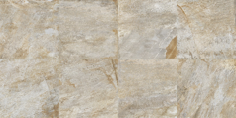 Close-up of Natural Quartzite Multicolor Porcelain Rough & Straight Edge 24 x 24 x 3/4 Paver, in Natural tones.