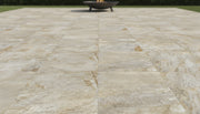 Close-up of Natural Quartzite Multicolor Porcelain Rough & Straight Edge 24 x 24 x 3/4 Paver, in Natural tones.