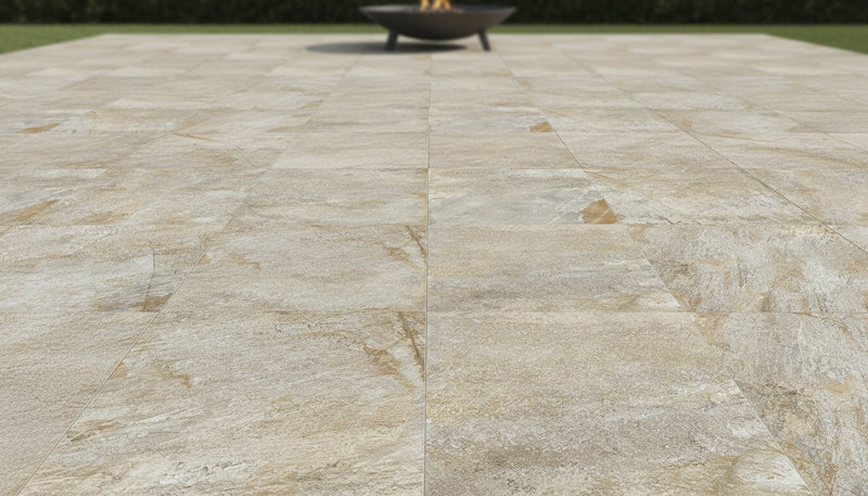 Close-up of Natural Quartzite Multicolor Porcelain Rough & Straight Edge 24 x 24 x 3/4 Paver, in Natural tones.