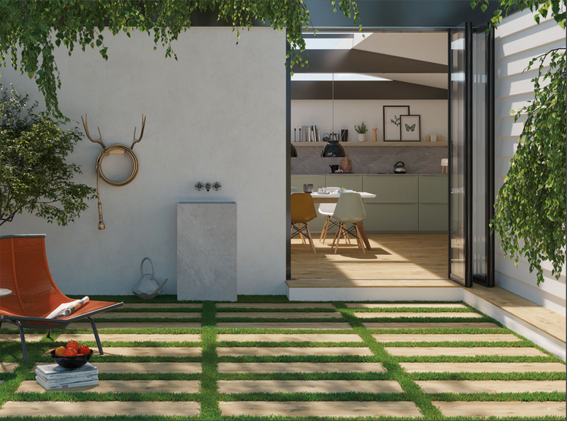 Close-up of Naturale Porcelain Rough & Straight Edge 16 x 48 x 3/4 Paver, in Natural tones.