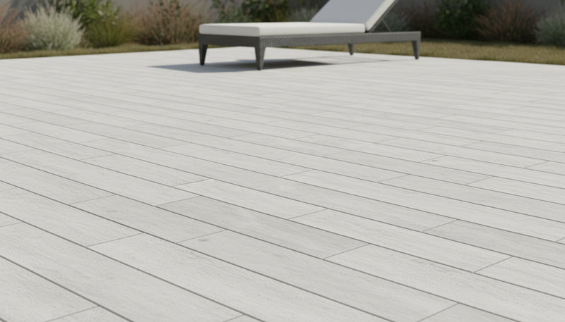 Close-up of Sbiancato Porcelain Rough & Straight Edge 16 x 48 x 3/4 Paver, in Sbiancato tones.