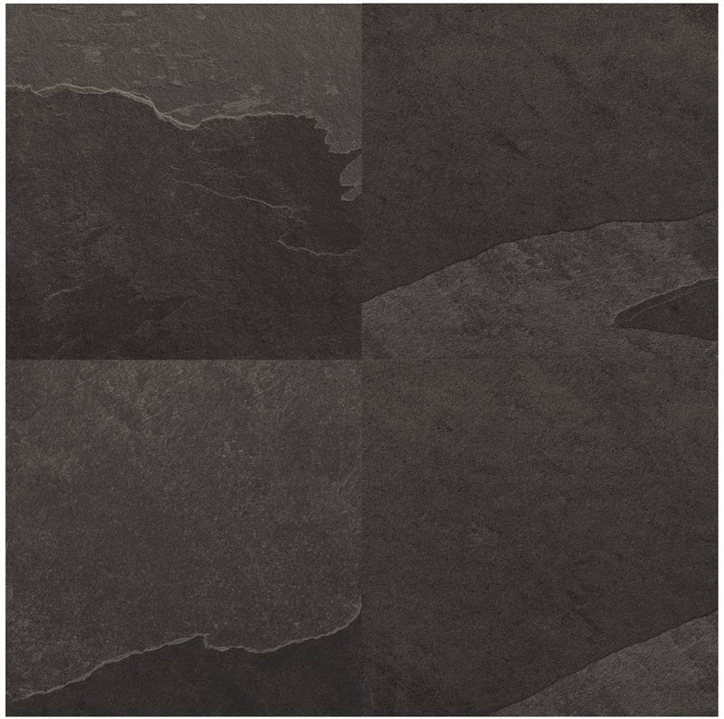 Close-up of Thunder Black Porcelain Rough & Straight Edge 24 x 24 x 3/4 Paver, in Black tones.