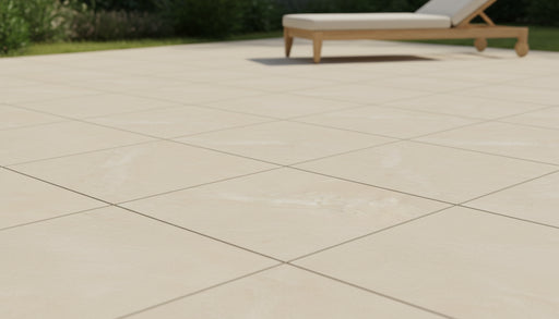 Close-up of Conrad Ivory Porcelain Rough & Straight Edge 24 x 24 x 3/4 Paver, in Ivory tones.