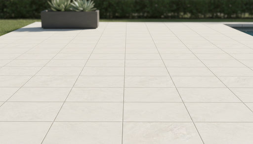 Close-up of Mammoth White Porcelain Rough & Straight Edge 24 x 24 x 3/4 Paver, in White tones.