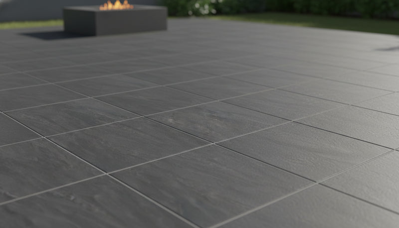 Close-up of Grey Owl Porcelain Rough & Straight Edge 24 x 24 x 3/4 Paver, in Grey Owl tones.
