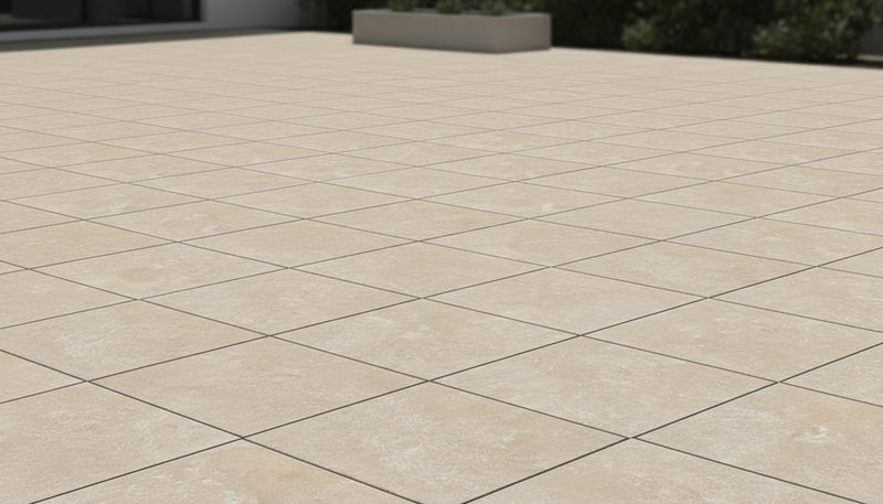 Close-up of Sierra Cream Porcelain Rough & Straight Edge 24 x 24 x 3/4 Paver, in Cream tones.