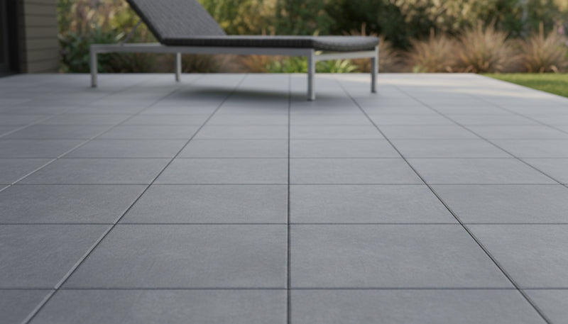 Close-up of Envy Grey Porcelain Rough & Straight Edge 24 x 24 x 3/4 Paver, in Grey tones.