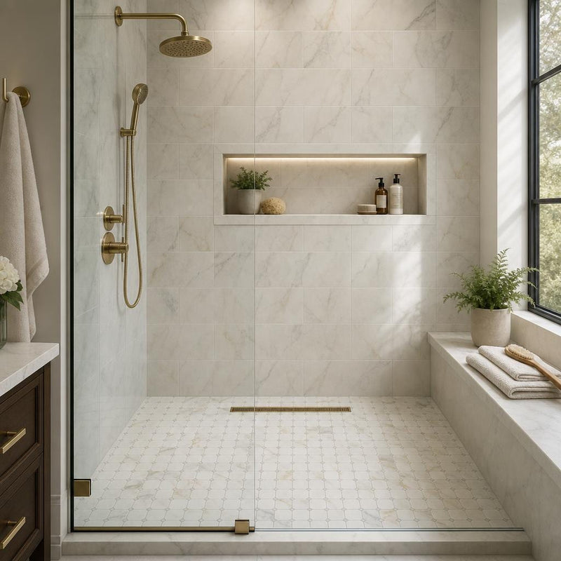 Precious Stone Calacatta Gold 2x2 Clipped Marble Mosaic — Bathroom shower floor