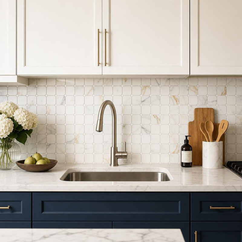 Precious Stone Calacatta Gold 2x2 Clipped Marble Mosaic — Kitchen backsplash
