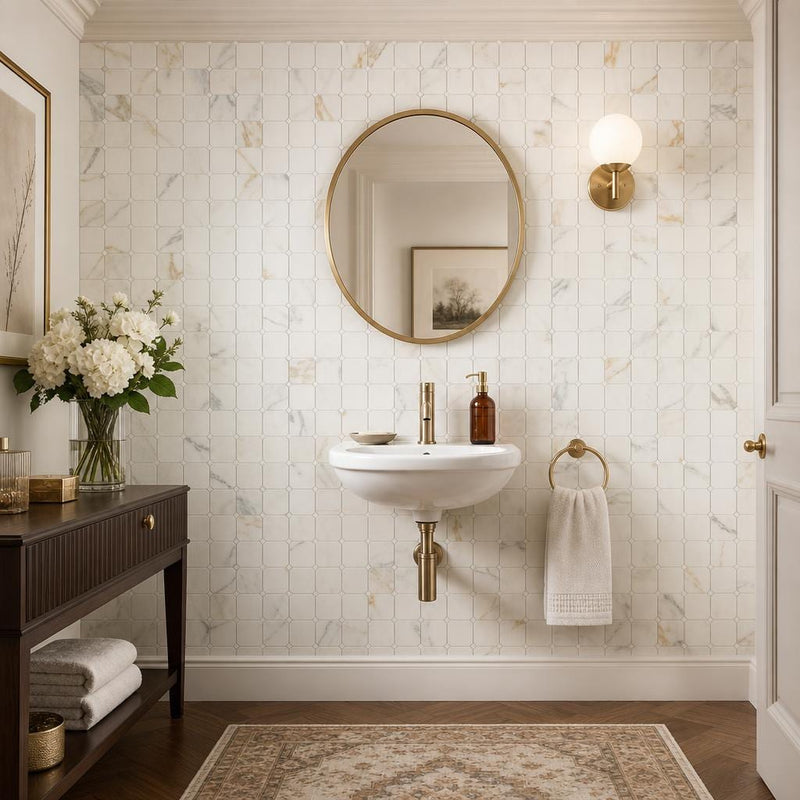 Precious Stone Calacatta Gold 2x2 Clipped Marble Mosaic — Powder Room wall