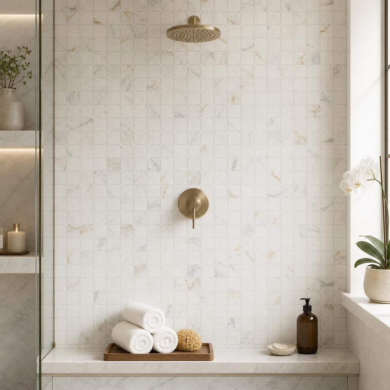 Precious Stone Calacatta Gold 2x2 Clipped Marble Mosaic — Spa spa interior