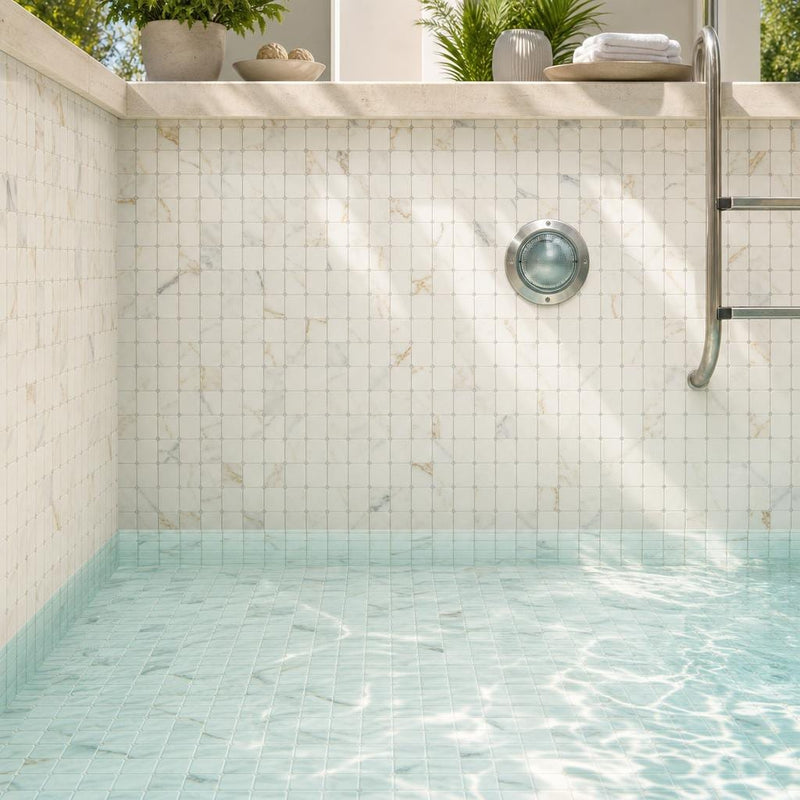 Precious Stone Calacatta Gold 2x2 Clipped Marble Mosaic — Swimming Pool pool interior tiling