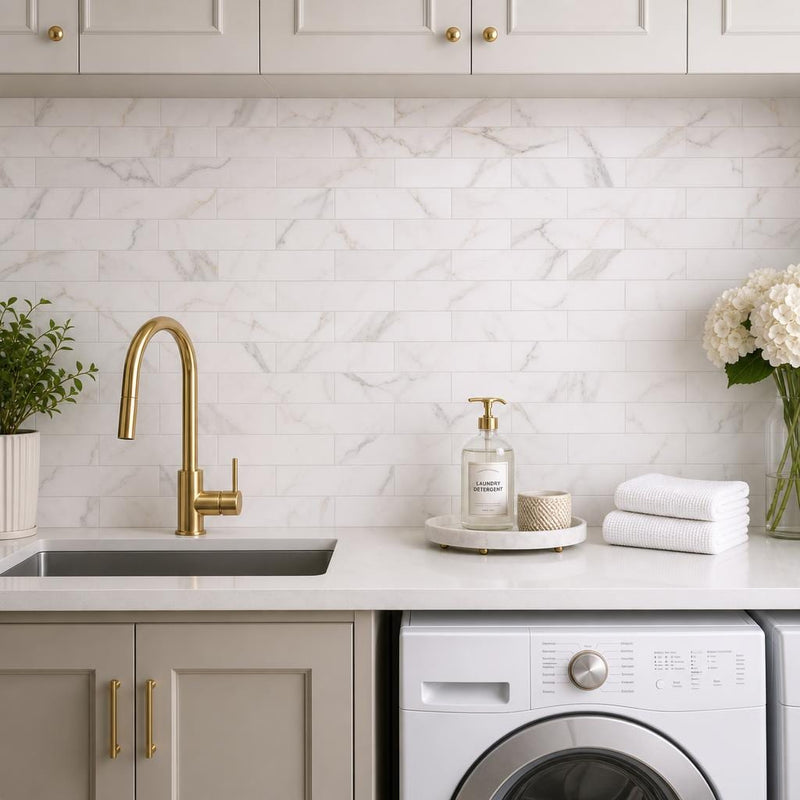 Precious Stone Calacatta Gold 3x12 Subway Polished Marble Tile — Laundry Room backsplash