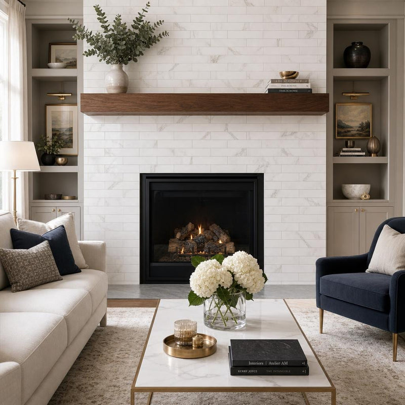 Precious Stone Calacatta Gold 3x12 Subway Polished Marble Tile — Living Room fireplace surround