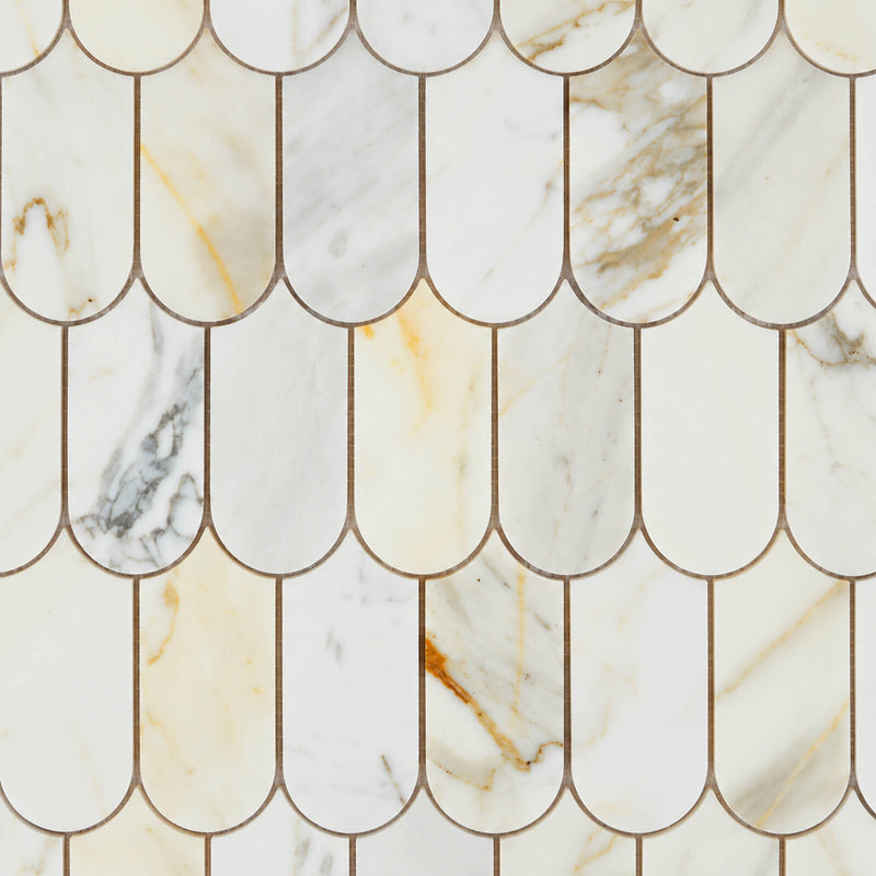 Precious Stone Calacatta Gold Piano polished marble mosaic with elongated scalloped pieces and gold and gray veining on white marble.