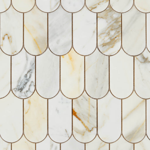 Precious Stone Calacatta Gold Piano polished marble mosaic with elongated scalloped pieces and gold and gray veining on white marble.