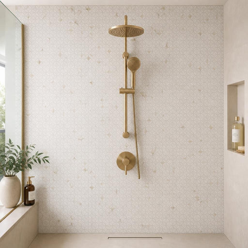 Precious Stone Embrace Calacatta Gold 2x2 Marble Mosaic — Bathroom shower wall