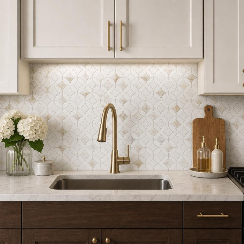 Precious Stone Embrace Calacatta Gold 2x2 Marble Mosaic — Kitchen backsplash