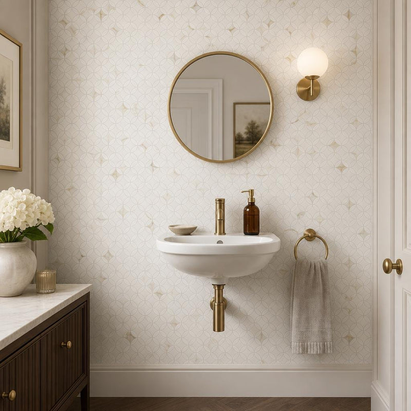 Precious Stone Embrace Calacatta Gold 2x2 Marble Mosaic — Powder Room wall