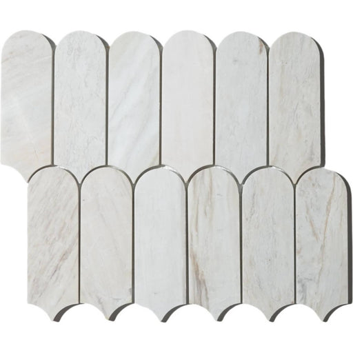 Eura Wood Piano marble mosaic with elongated rounded pieces, ivory tones and delicate beige wood-grain veining.
