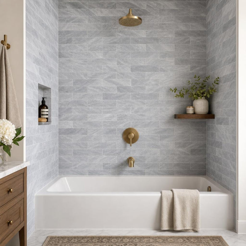 Precious Stone Italian Grey 3x12 Subway Honed Marble Tile — Bathroom tub surround