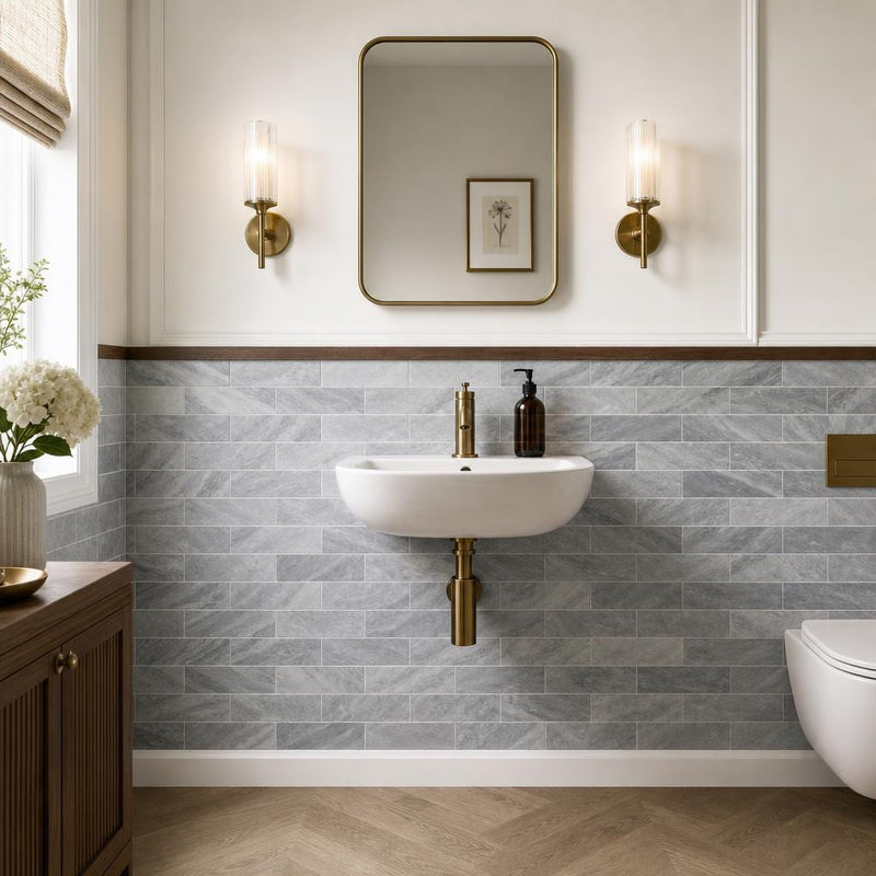 Precious Stone Italian Grey 3x12 Subway Honed Marble Tile — Powder Room wainscot