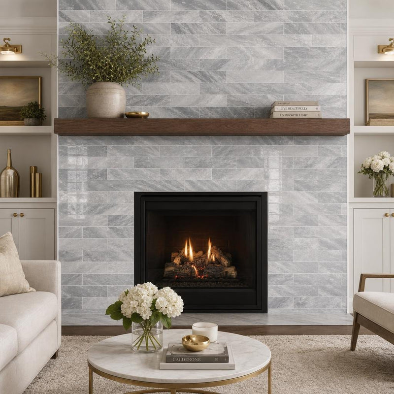 Precious Stone Italian Grey 3x12 Subway Polished Marble Tile — Living Room fireplace surround