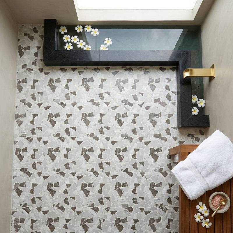 Predella Pebble Marble Mosaic in Reverent Taupe Blend, 12"x12" 12x12_sheet — Spa spa interior