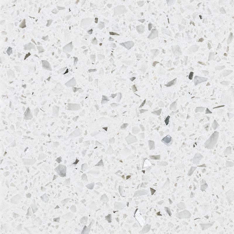 Sparkling White prefab quartz with a bright white base and scattered translucent gray fragments.