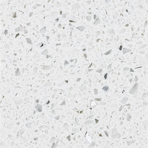Sparkling White prefab quartz with a bright white base and scattered translucent gray fragments.