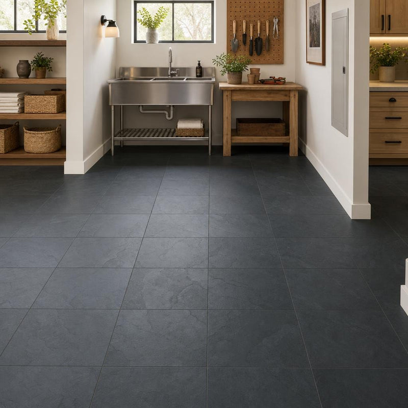 Premium Black 12x12 Gauged Slate Tile — Basement floor