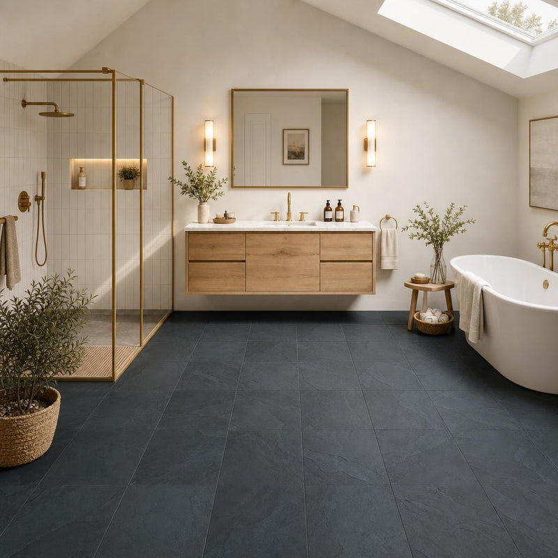 Premium Black 12x12 Gauged Slate Tile — Bathroom floor