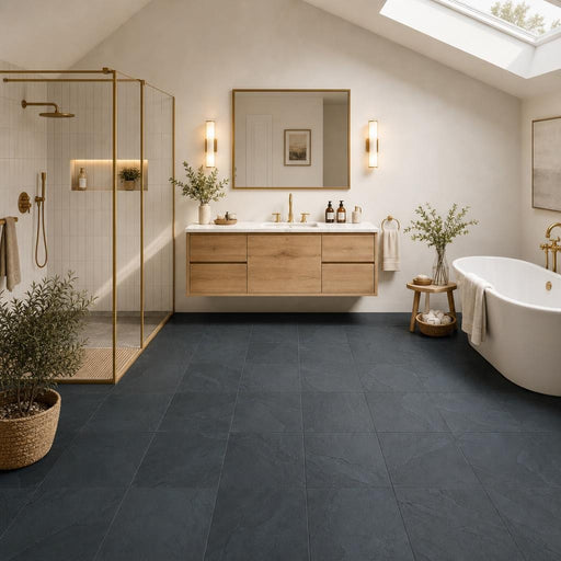 Premium Black 12x12 Gauged Slate Tile — Bathroom floor