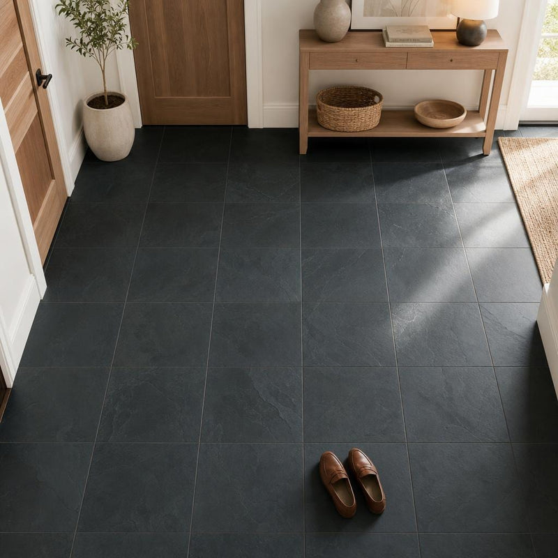 Premium Black 12x12 Gauged Slate Tile — Foyer floor