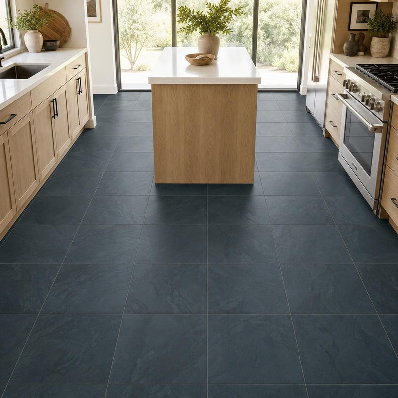 Premium Black 12x12 Gauged Slate Tile — Kitchen floor