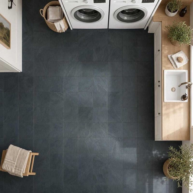 Premium Black 12x12 Gauged Slate Tile — Laundry Room floor