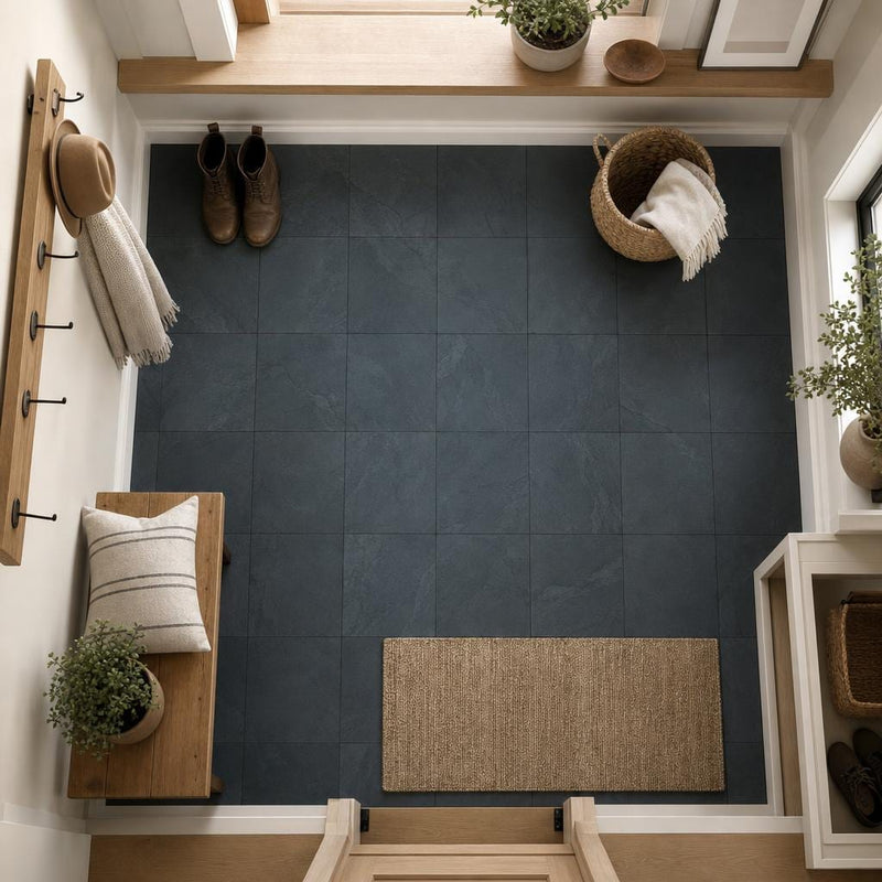 Premium Black 12x12 Gauged Slate Tile — Mudroom floor